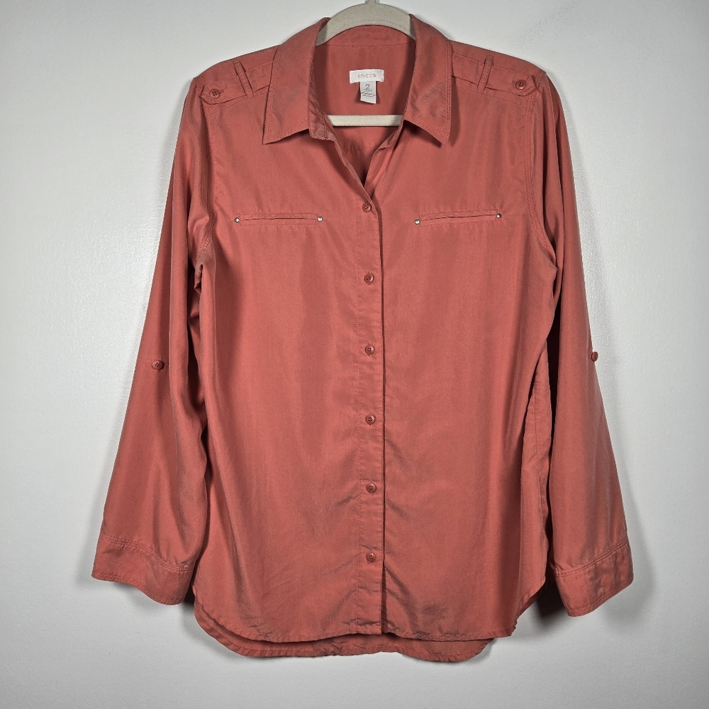 Chico's Coral Salmon Orange Pink Roll Tab Long Sleeve Button Down Top Size Large